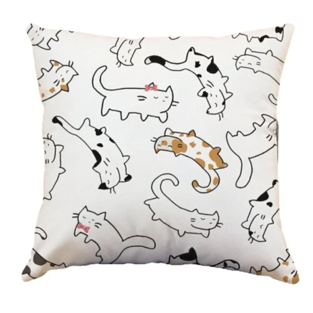 Pillow Cover Cat Print Zip Close Large Square White Tan Black Multicolor 17.7 in